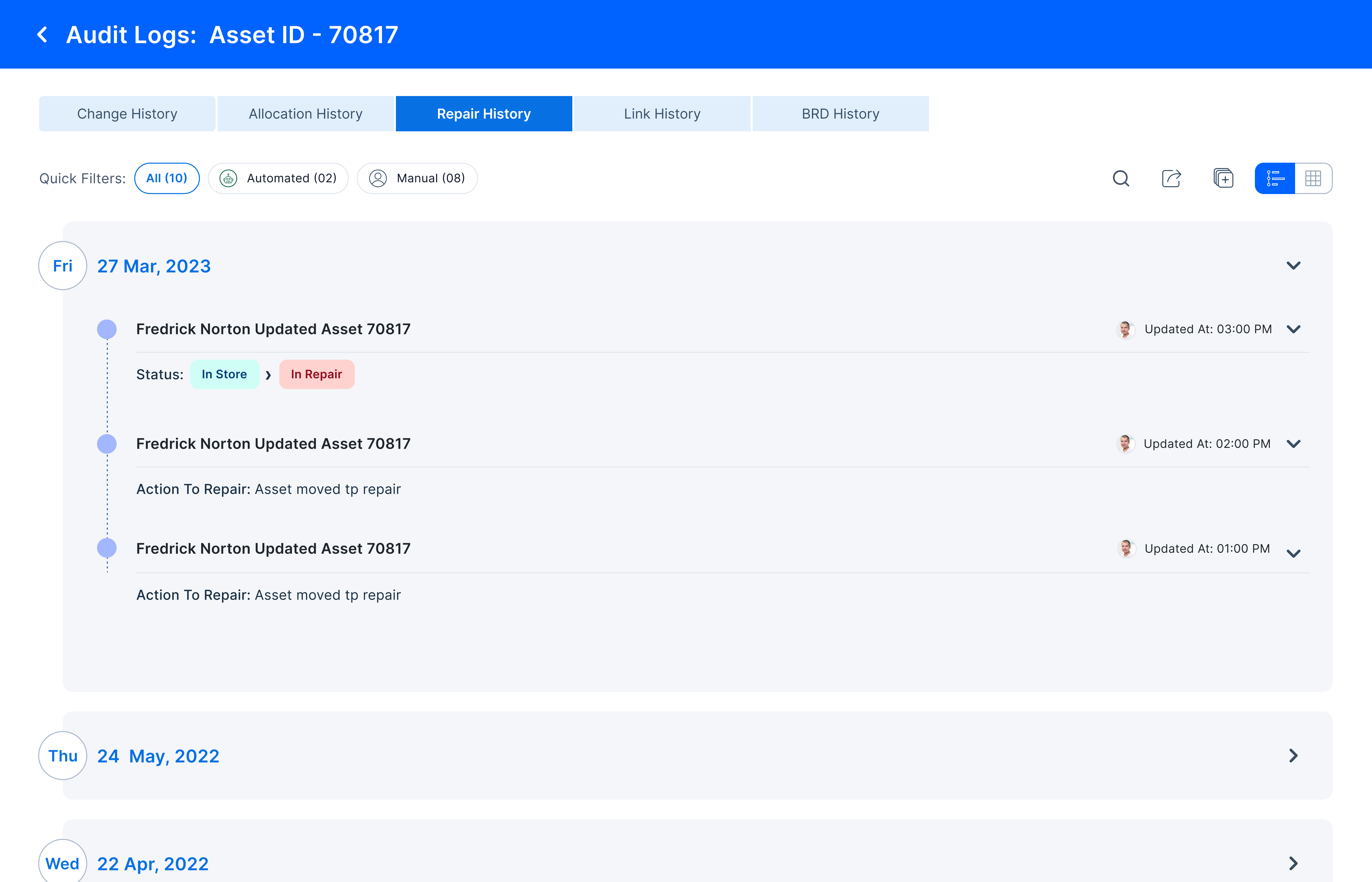 Detailed audit log for a specific asset in SummitAI’s system.