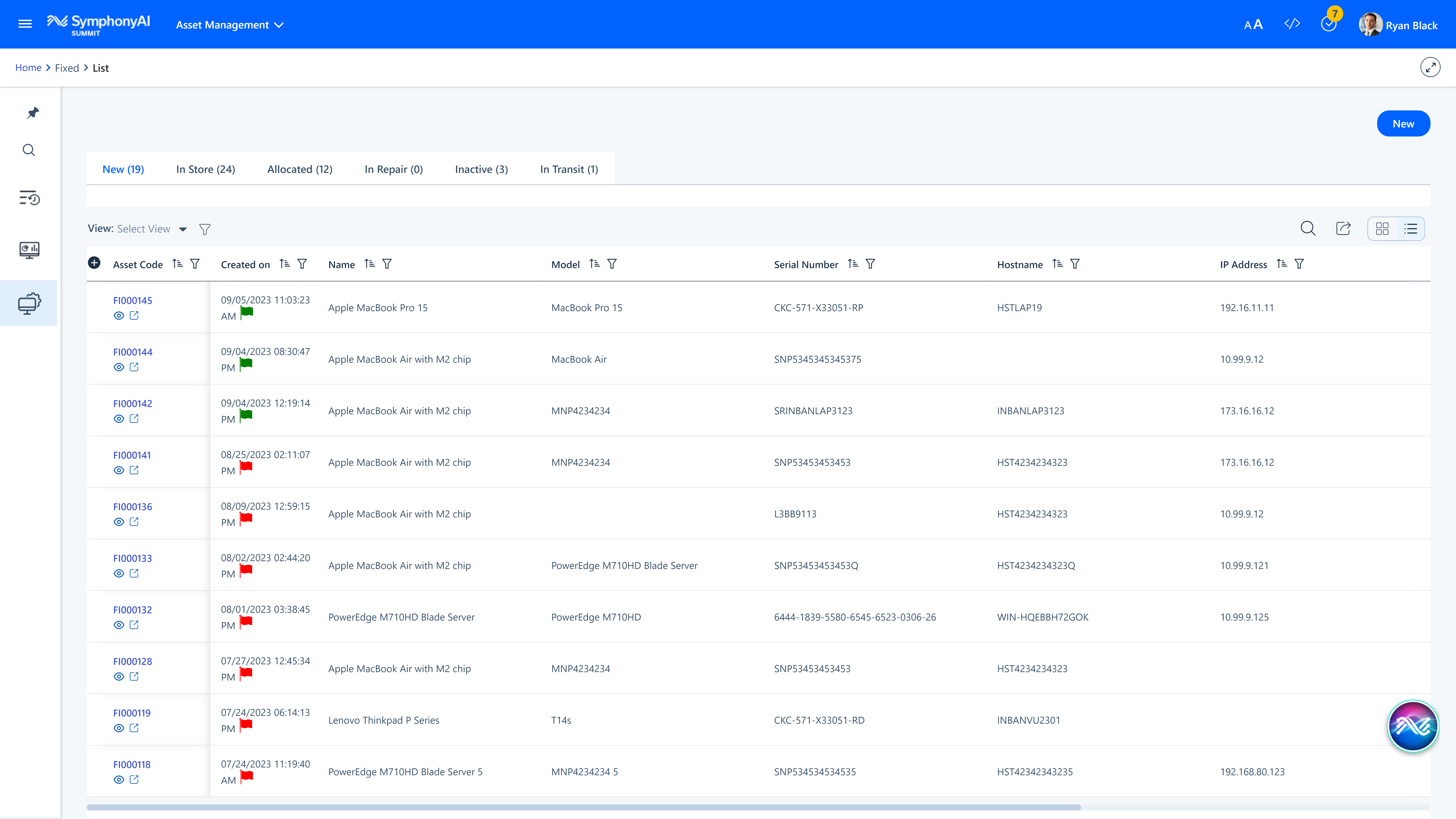 User interface of SummitAI showing a list of fixed assets.